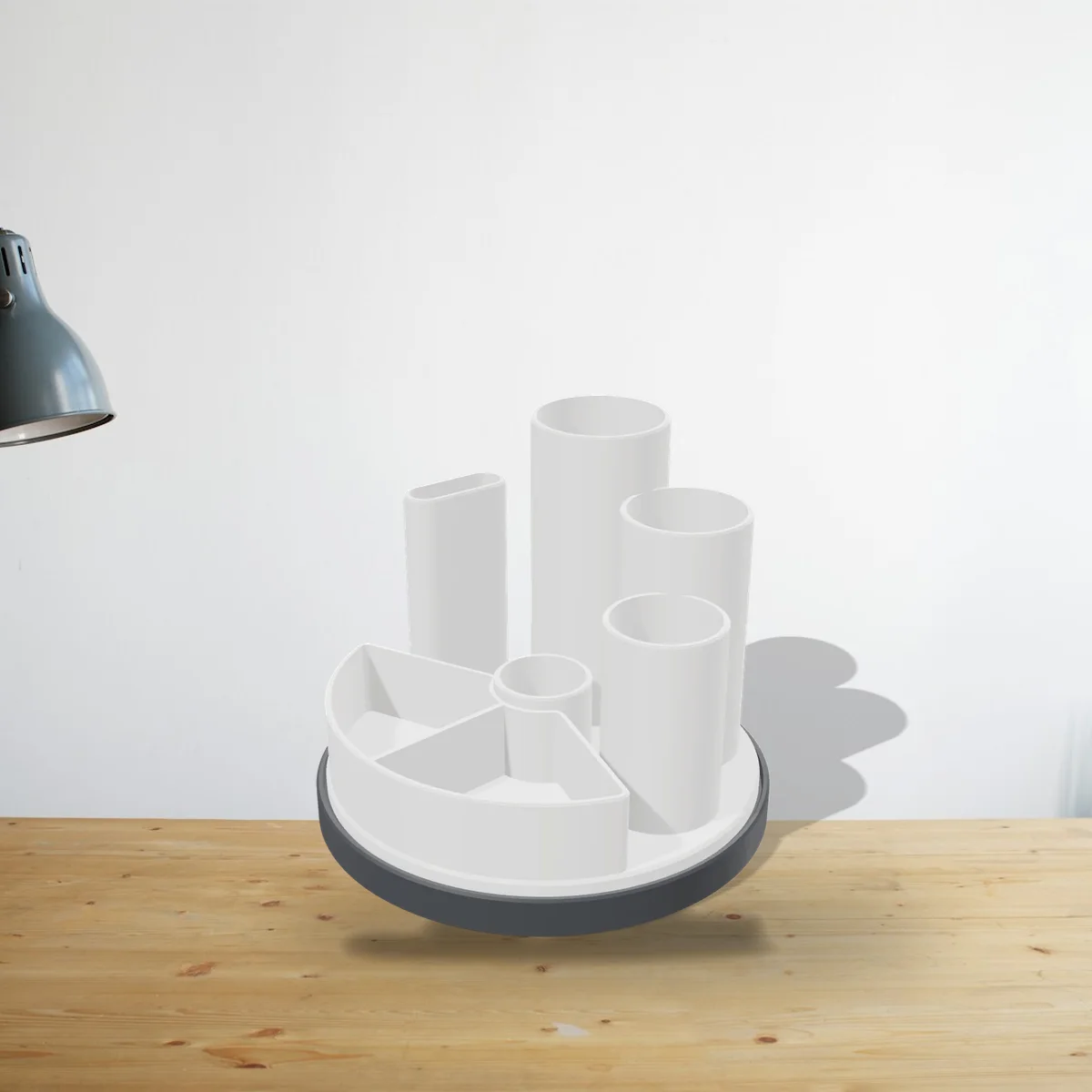 The Rotating Desk Organizer in a room (a 3D render of the model placed in a photo)