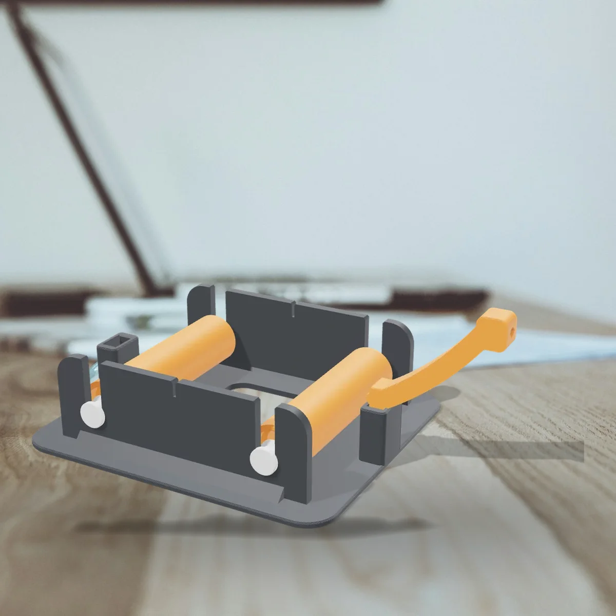 The Filament Spool Holder in a room (a 3D render of the model placed in a photo)