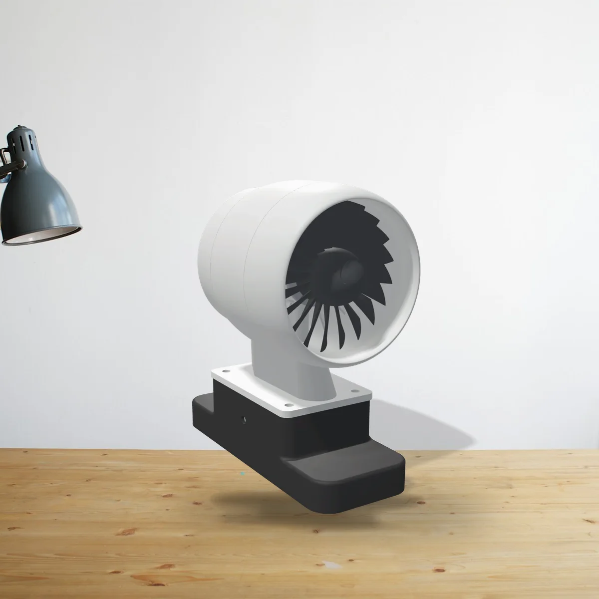 The Jet Engine Desk Fan in a room (a 3D render of the model placed in a photo)